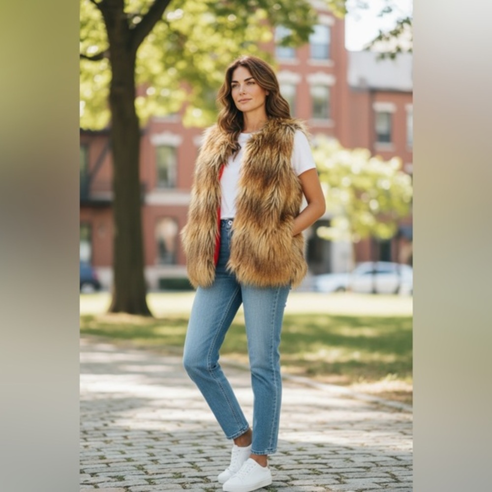 Luxury Brown Faux Fur Vest Orange Satin Lined Cozy Winter Glam Boho - Picture 3 of 9